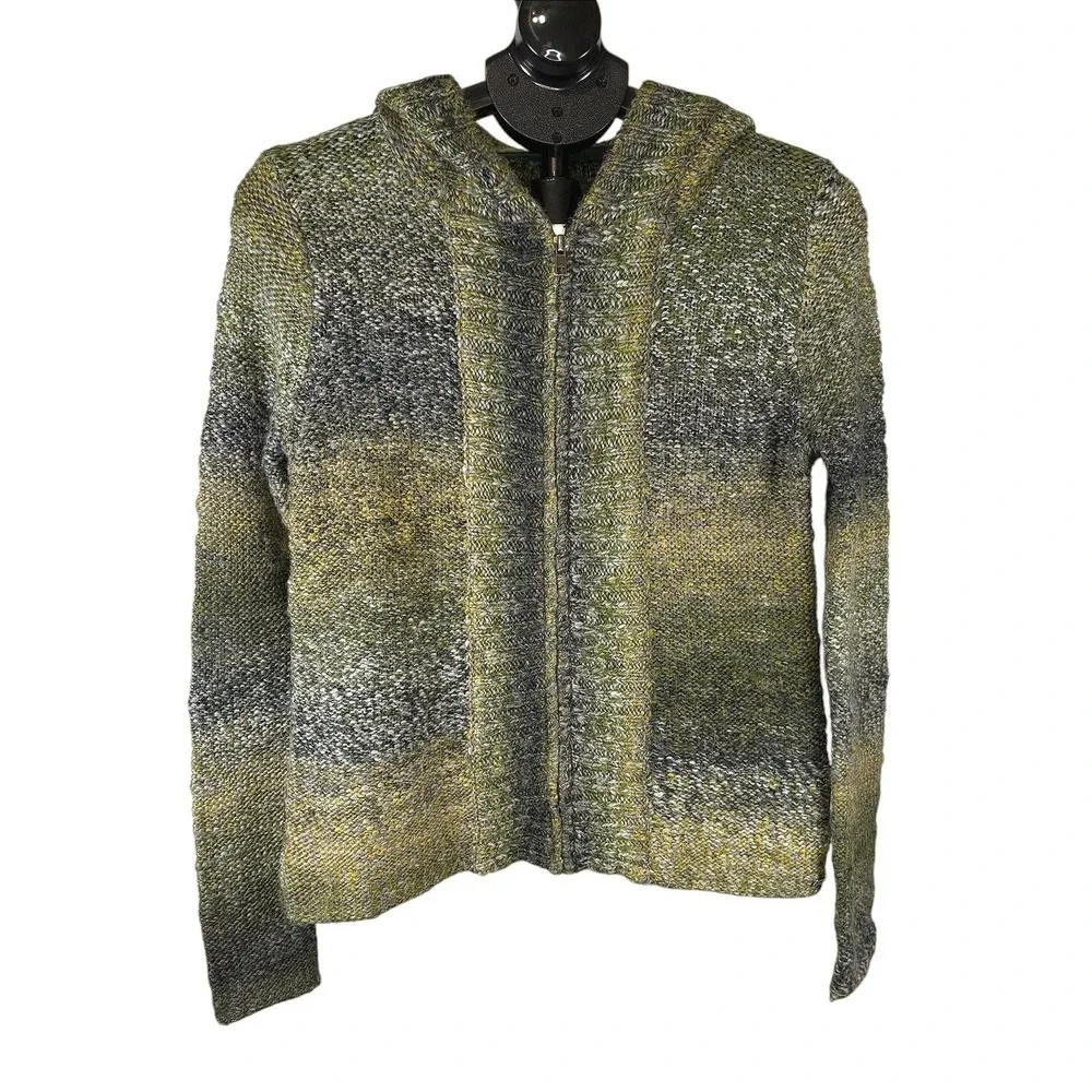 Prana Breathe Womens Medium Green Wool Blend Space Dye Full Zip Hooded Sweater